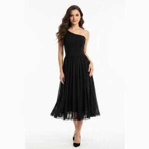 Dress the Population One Shoulder Black Midi Dress Lace Hem Fit Flare Small